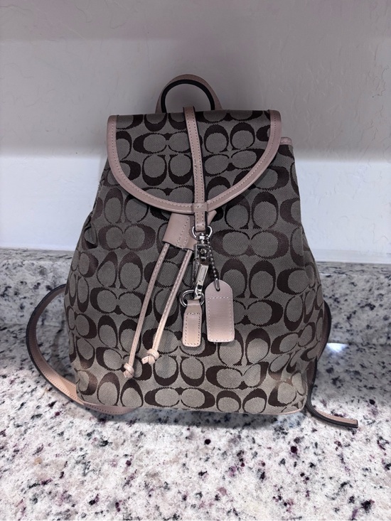 Coach Handbags - Coach Taupe Signature Canvas Backpack with Pale Pink Trim